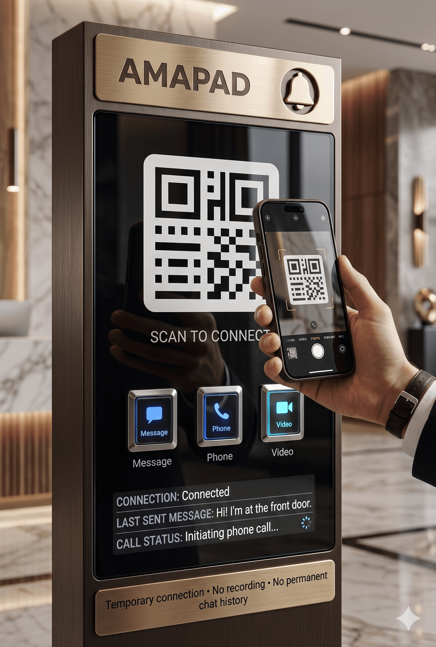 AMAPAD QR digital doorbell panel being scanned by a phone