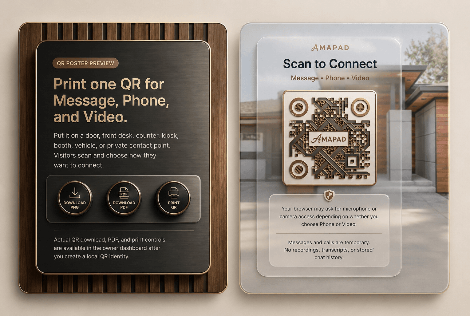 AMAPAD QR poster preview with download PNG, download PDF, and print QR controls.